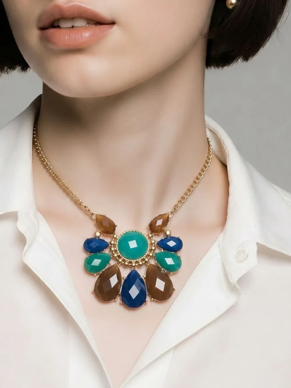 JEWELRY SET Blue, Brown, Green & Gold Necklace/Earring Set NEW